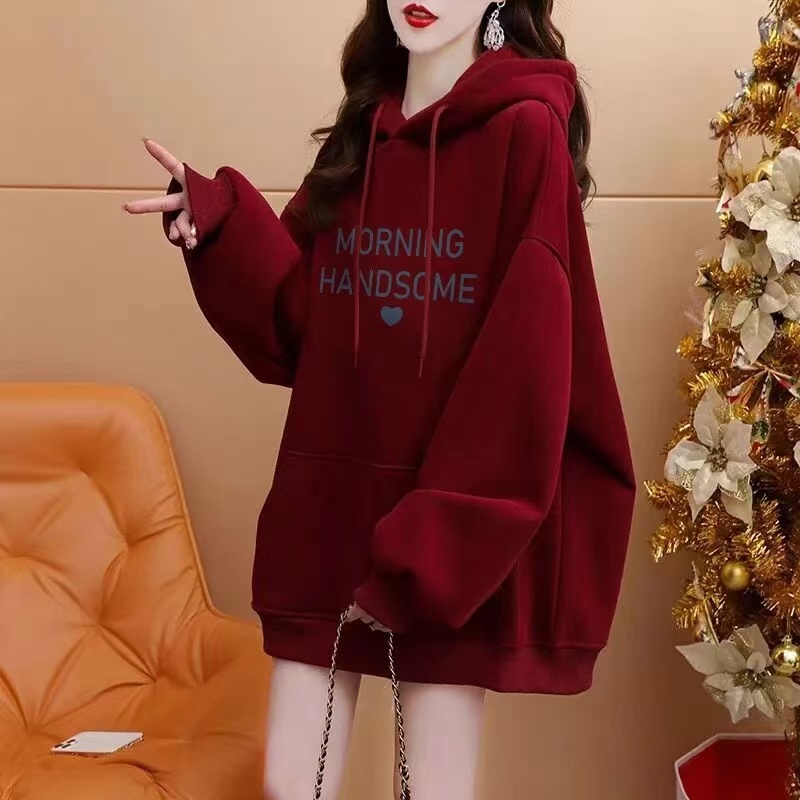 酒红色重磅韩版连帽卫衣女秋冬2024新款宽松小众设计感加绒外套