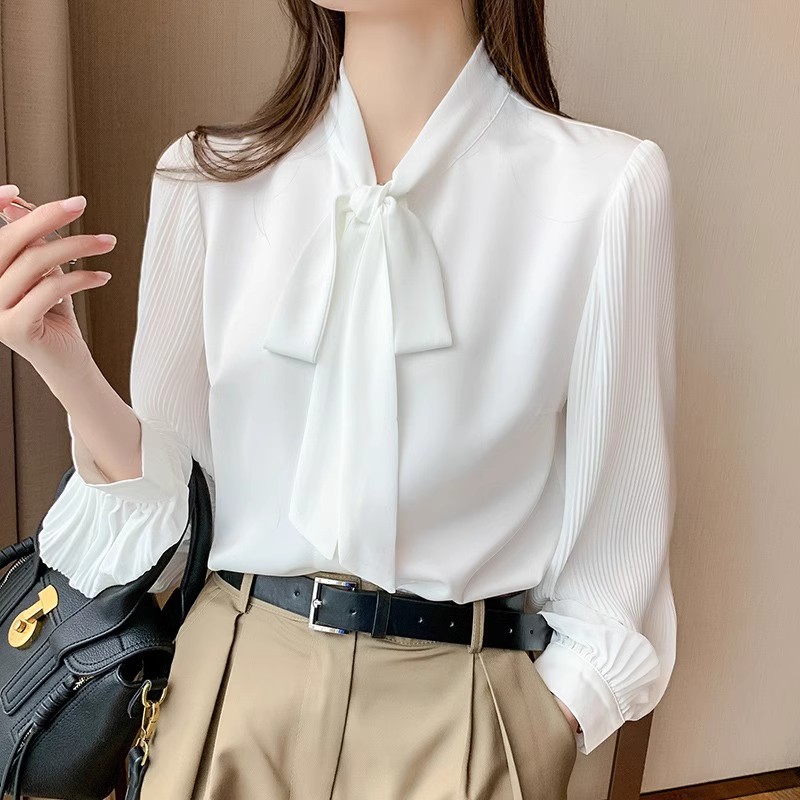蝴蝶结职业装白色衬衫女2024春装新款飘带领长袖宽松洋气雪纺上衣