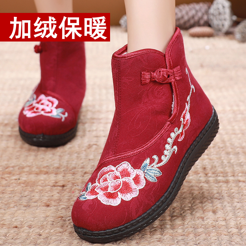 时尚雪地靴女冬季加绒保暖款防滑民族风复古棉鞋女绣花棉鞋女棉靴