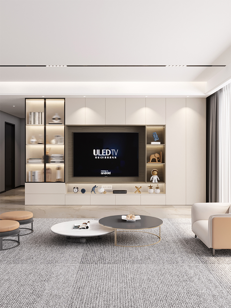 实木简约现代背景墙电视柜一体组合置物柜客厅满墙高柜轻奢定制