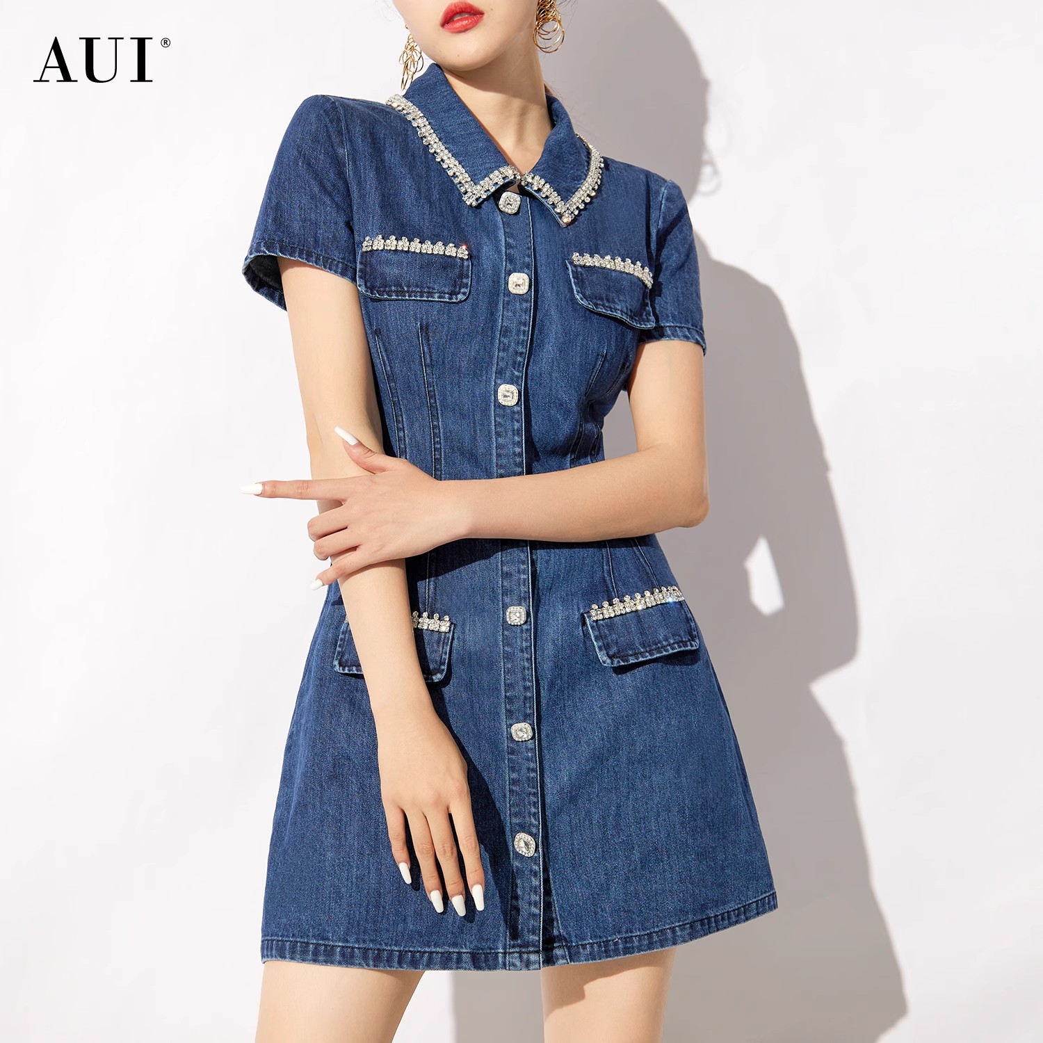 【老板娘夏天】AUI蓝色精致牛仔连衣裙短袖收腰A字裙-24X014242