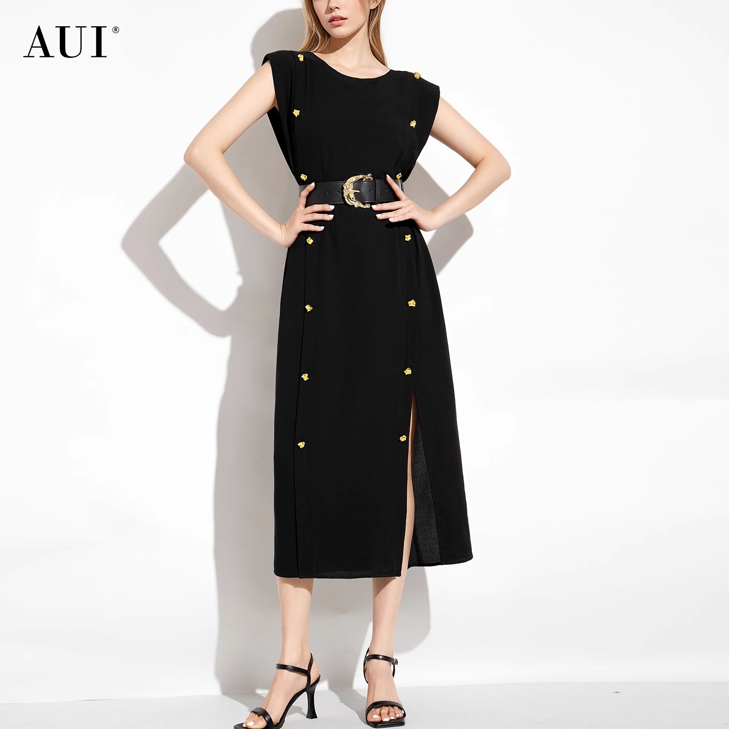 【高高甄选】AUI黑色无袖连衣裙女气质高腰显瘦开叉A字裙-24W014439