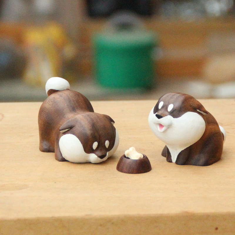 柴犬香薰摆件手工雕刻黑胡桃桃木手工彩绘秋冬家居