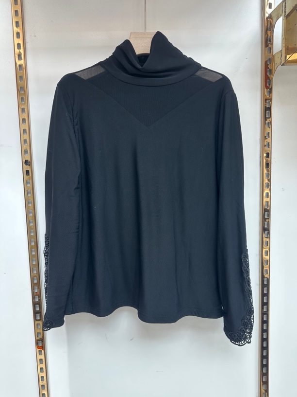 2024冬季新款 蕾丝网纱打底上衣袖口镂空钩花刺绣长袖t