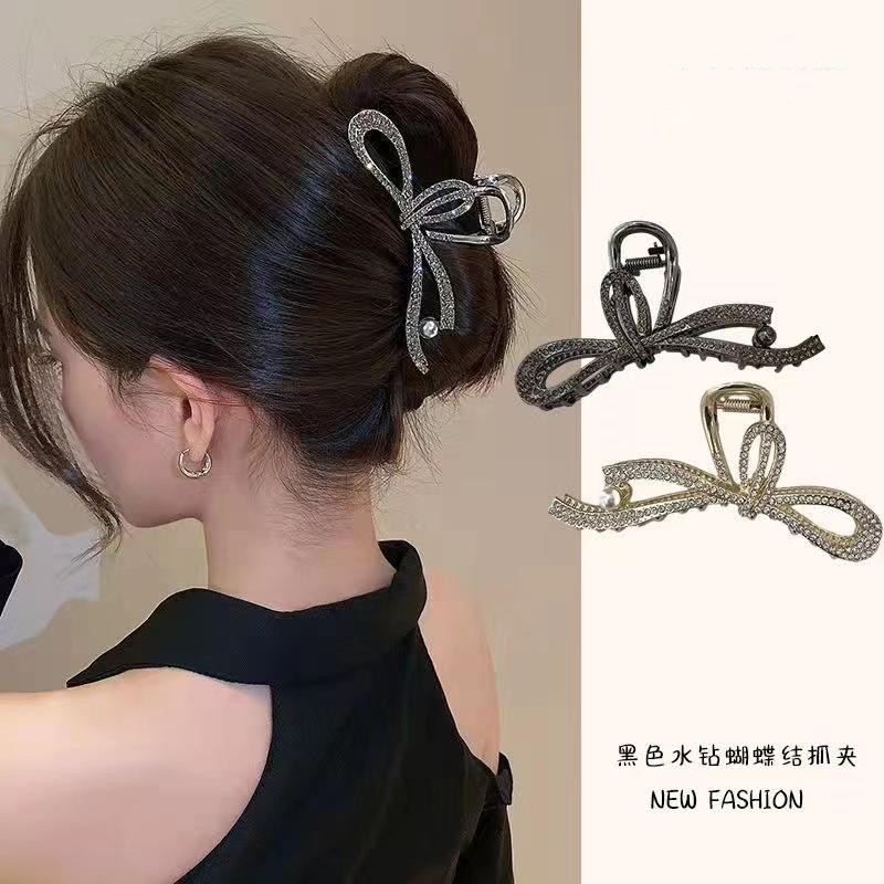 铜合金发饰 ins时尚轻奢水钻蝴蝶结抓夹优雅高级感发夹网红鲨鱼夹