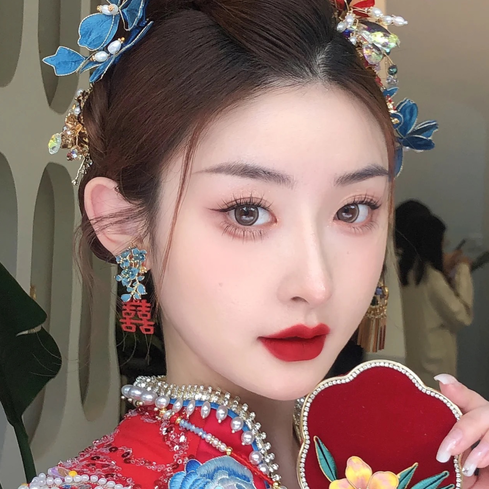 合金耳饰 南一婚饰新款新娘耳环烧蓝古典气质设计感旗袍耳饰