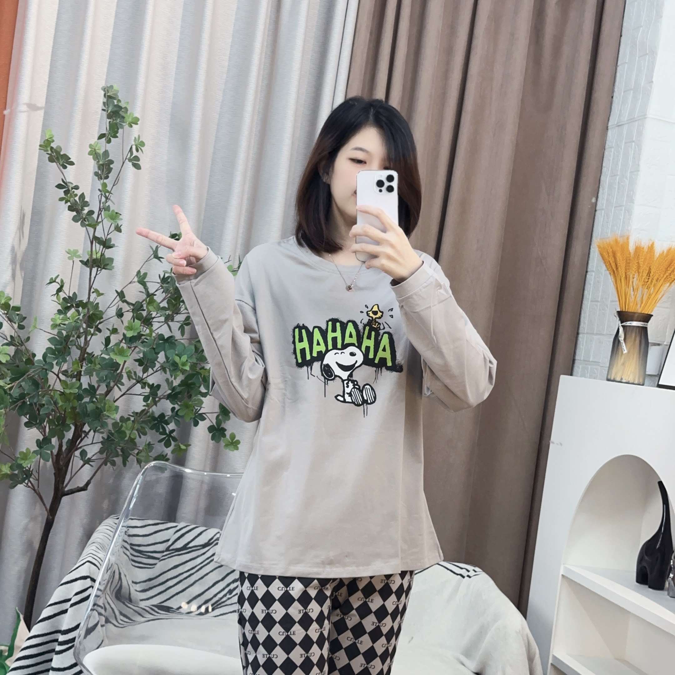 秋冬爽棉睡衣女长袖中厚时尚休闲百搭宽松印花圆领韩版秋季家居服