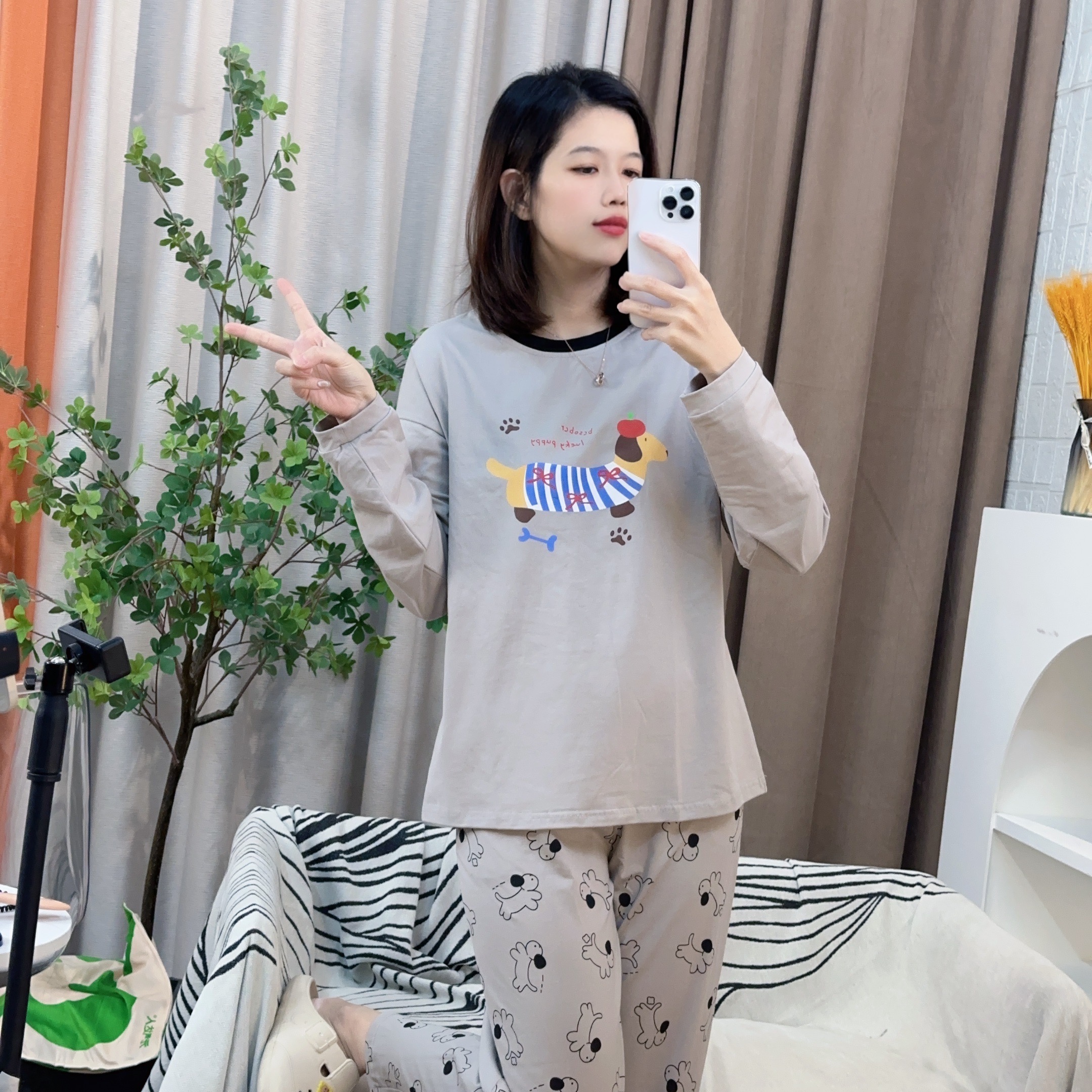 秋冬爽棉睡衣女长袖大码时尚休闲宽松印花卡通圆领春秋季舒适套装