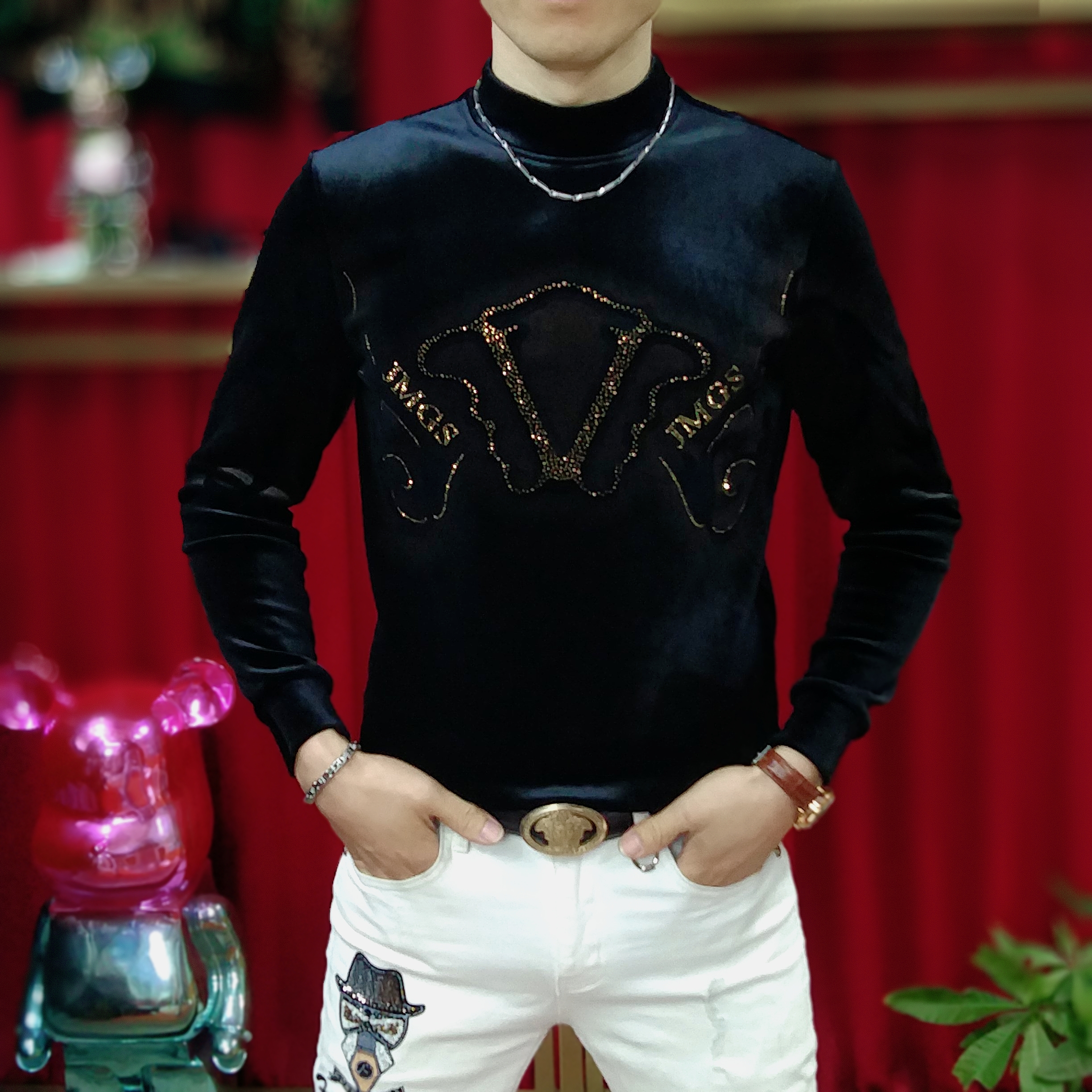 男士秋冬休闲时尚帅气重工烫钻长袖打底百搭修身潮流中领加绒卫衣