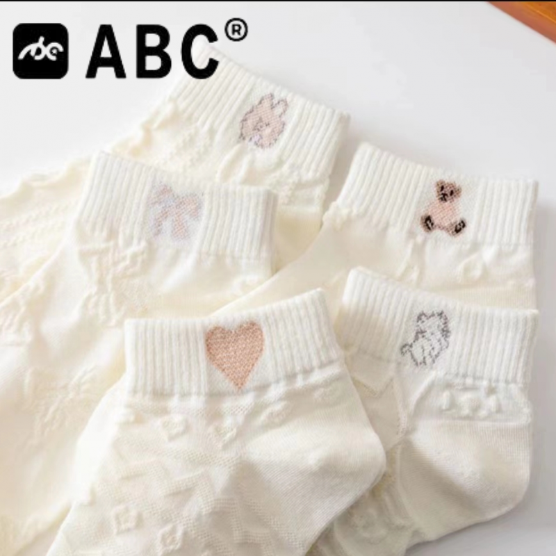 【5双装】薄款弹力小熊白色袜子女春夏新款日系卡通图案透气短袜