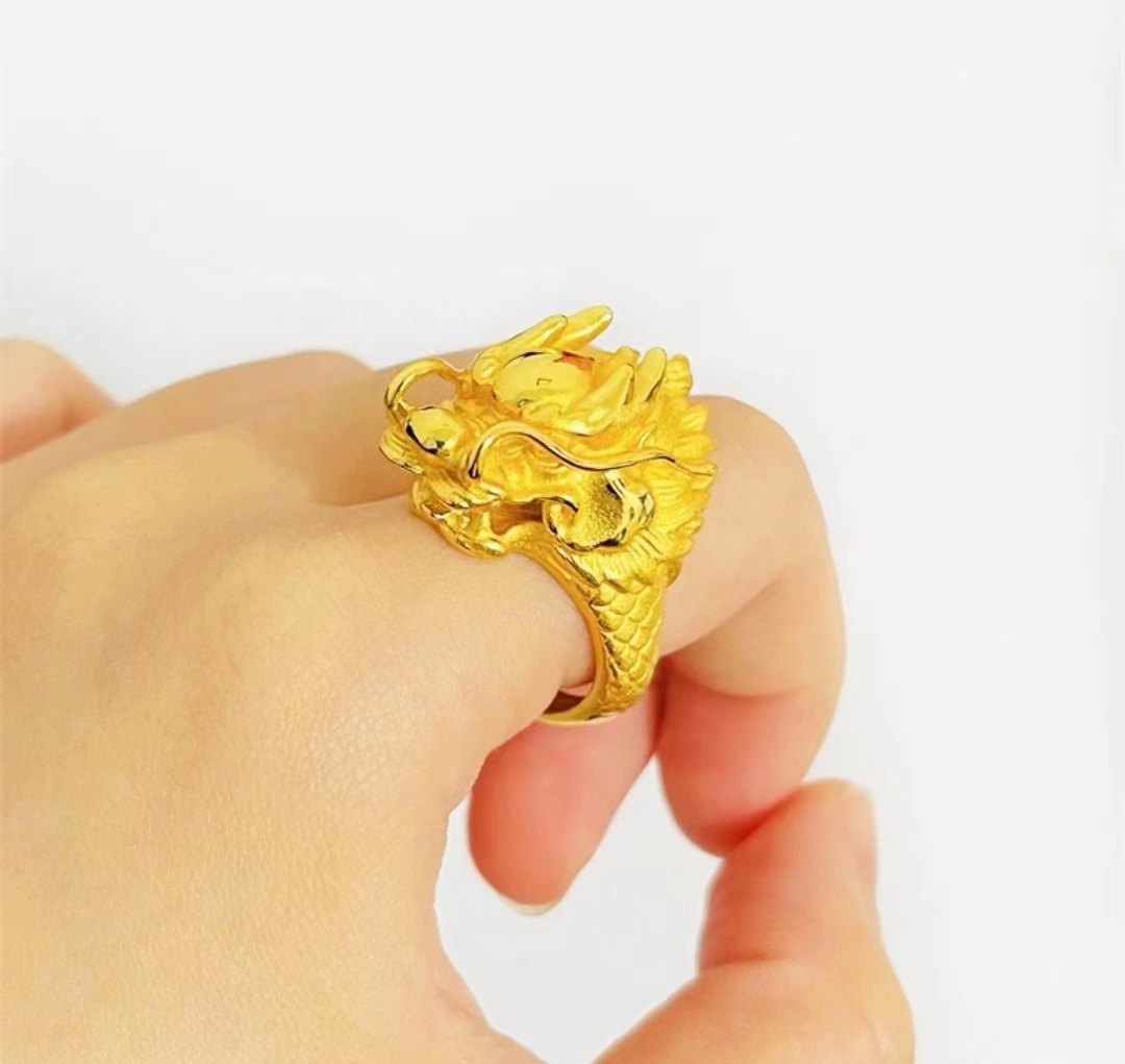 合金戒指 时尚气质大龍头戒指金色复古古法霸气精美开口戒指