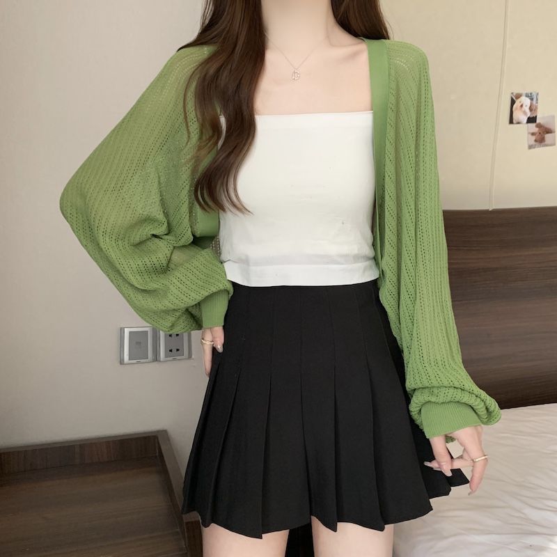 冰丝针织防晒开衫外套女大码胖mm夏披肩外搭薄款长袖罩衫短款上衣