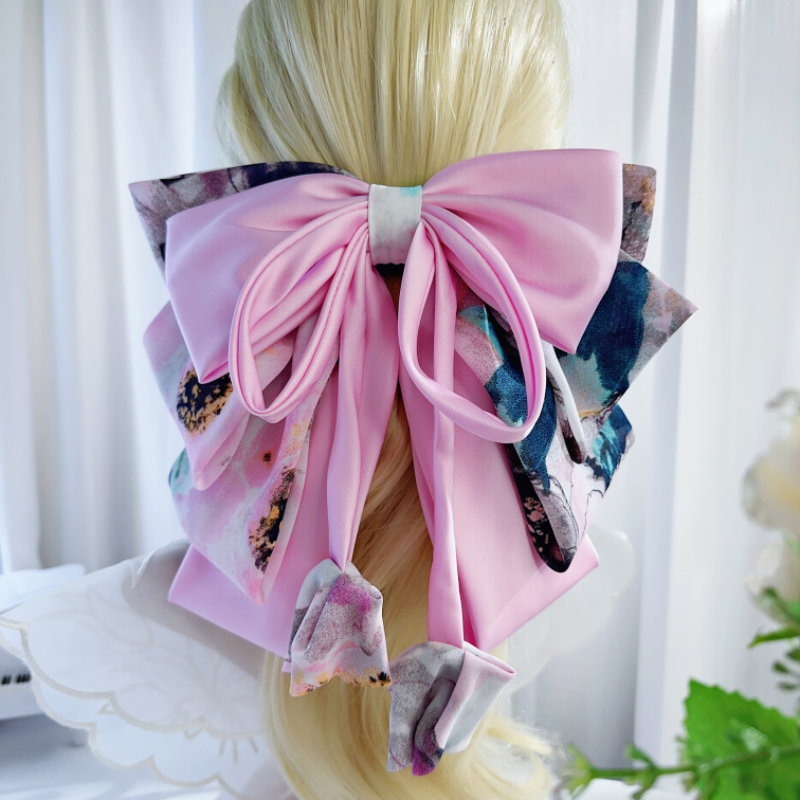 轻奢高级感缎面拼结大版蝴蝶结弹簧夹飘带布艺发夹马尾公主头顶夹