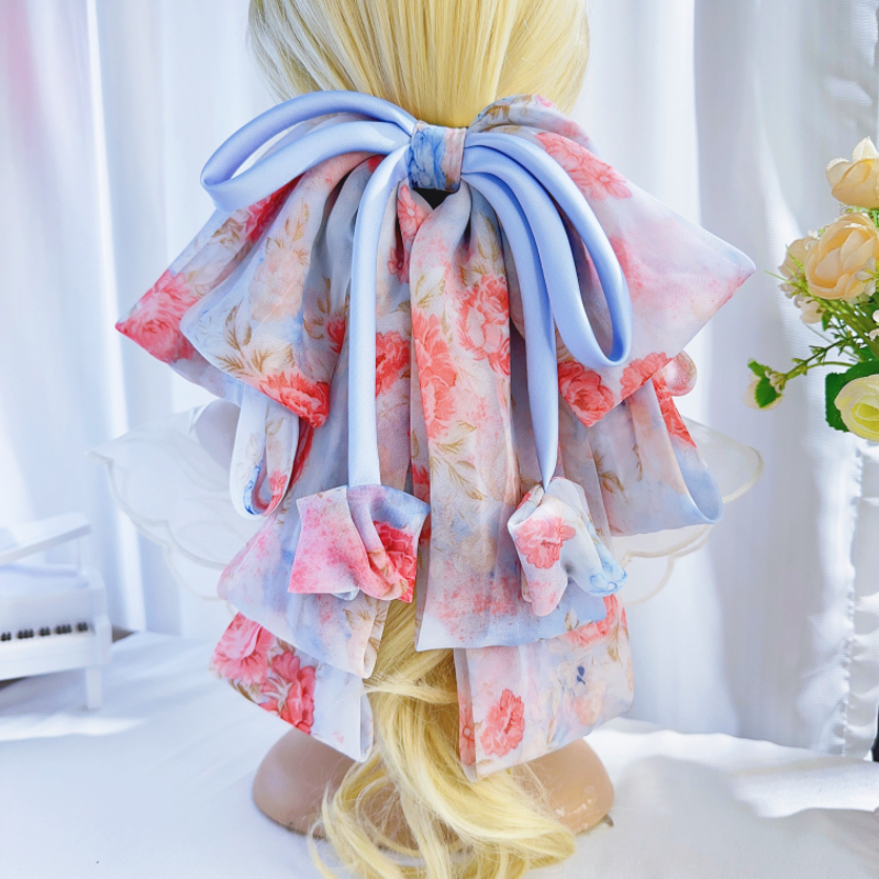 夏季高级感天丝大版蝴蝶结飘带款雪纺布艺发夹马尾顶夹公主头发饰