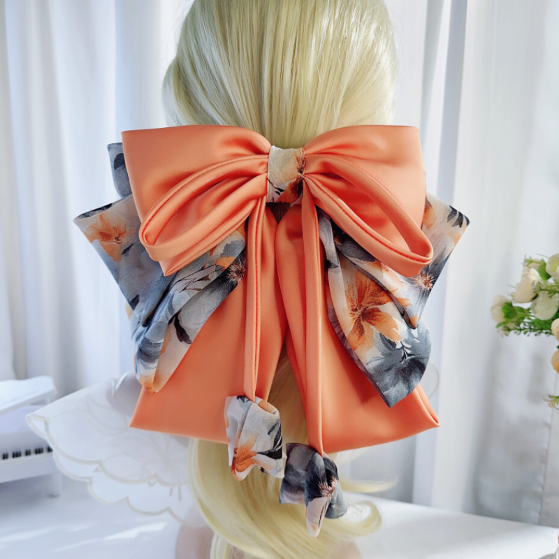 高档缎面蝴蝶结弹簧夹法式轻奢马尾顶夹五层大版布艺发饰公主头饰