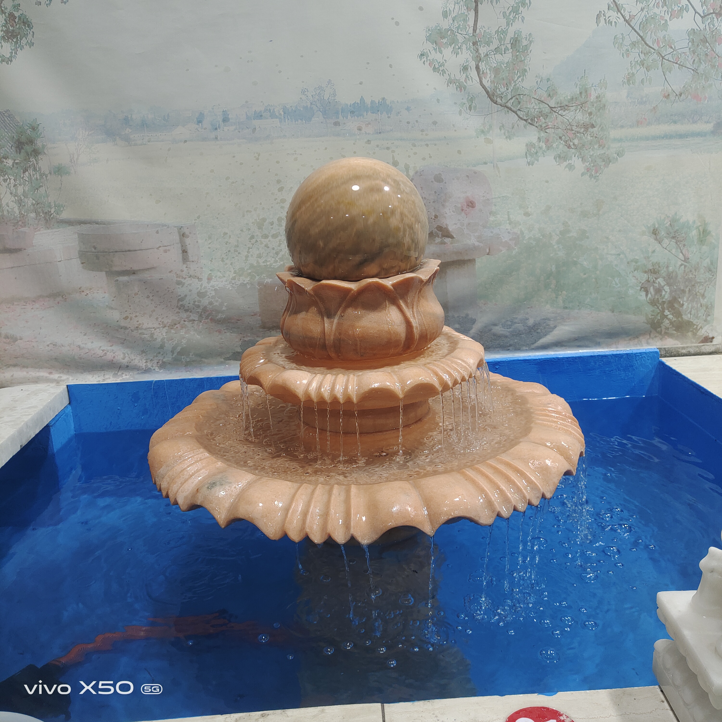 石雕喷泉风水球晚霞红大喷泉户外庭院流水摆件大理石水钵庭院定金