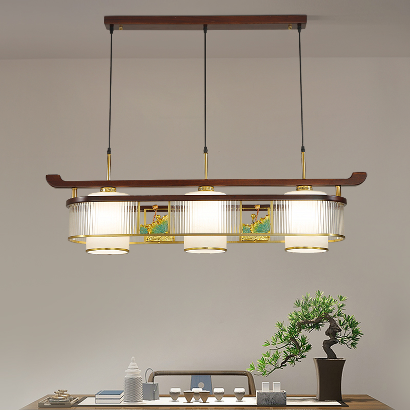 新中式全铜乌金木餐厅吊灯复古中国风禅意家用长条吧台灯2024新款