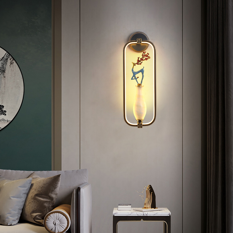 新中式全铜玉石客厅背景墙壁灯卧室床头灯禅意走廊过道家用墙壁灯