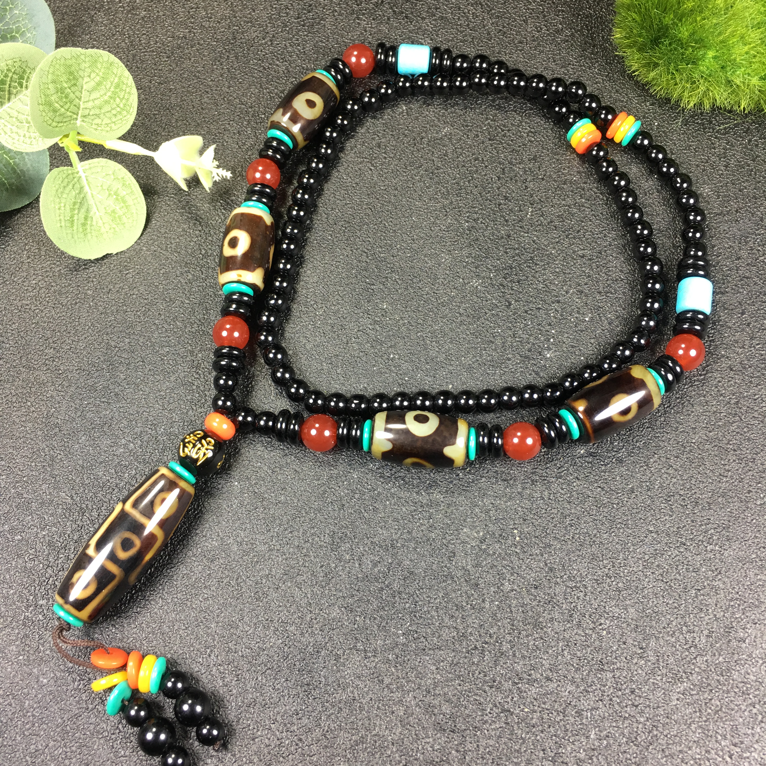 藏式黑金牙黄高渗透熊猫三眼配九眼吊坠复古项链男女款藏族风