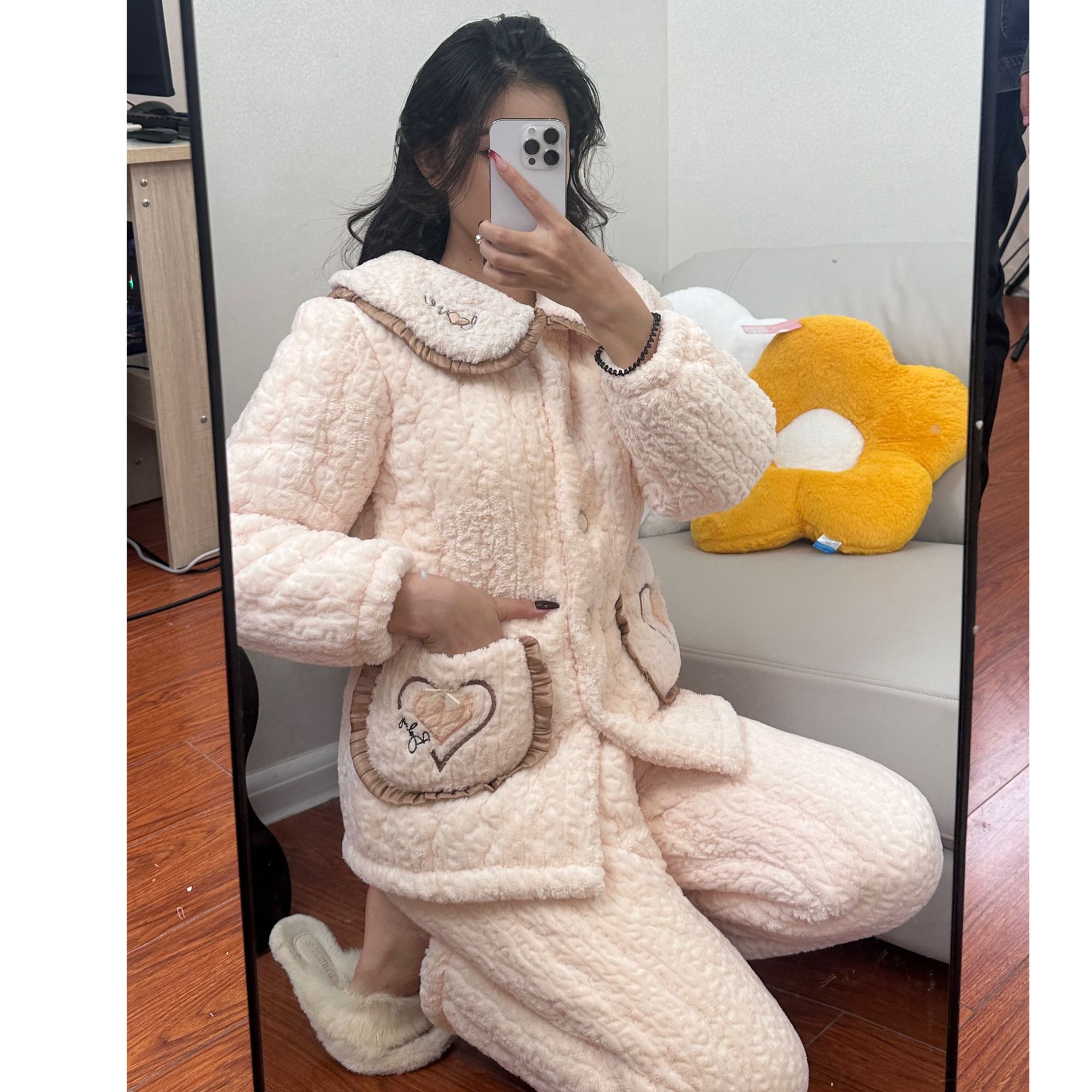 新款夹棉睡衣女秋冬季套装法兰绒三层加厚可外穿家居服