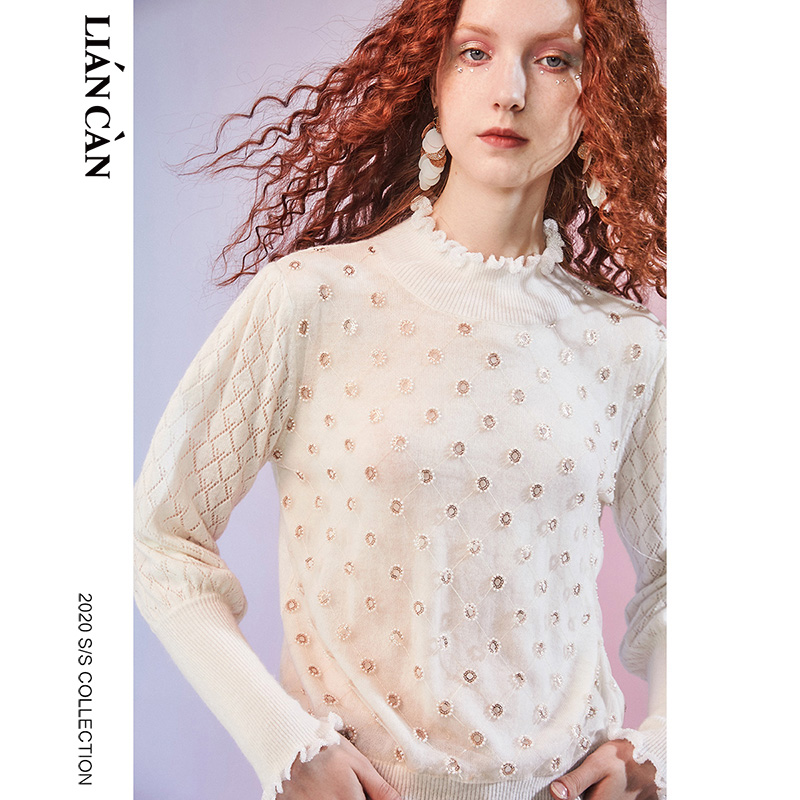 【莲灿】秋冬新套头木耳边领亮片菱形格提花合体毛衣女士7120434008