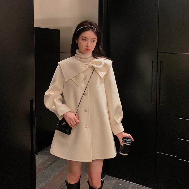 名媛风白色蝴蝶结毛呢外套女秋冬加厚气质时尚呢小个子短款大衣