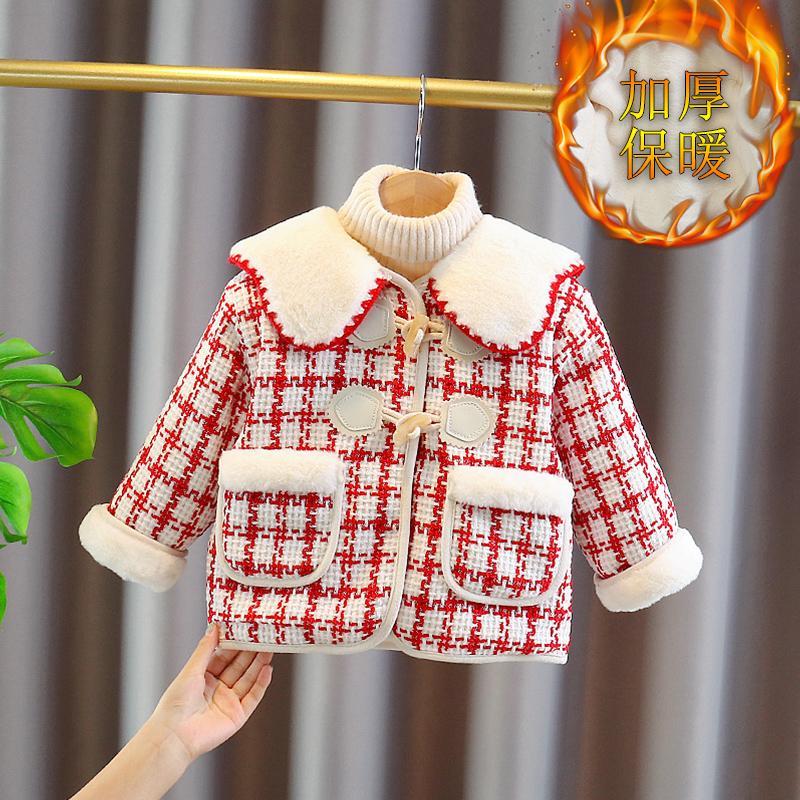 ZY女童2024加绒洋气秋冬季格子小香风外套女宝宝时髦加厚公主
