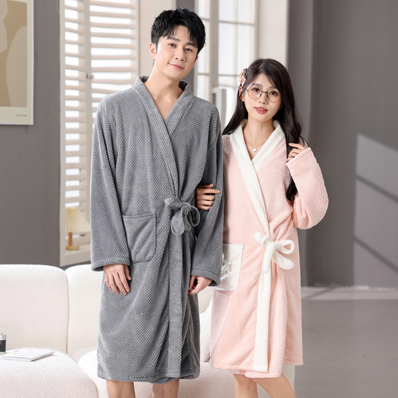 新款秋冬长袖浴袍情侣不掉毛比纯棉吸水短袖速干大人男女长款浴衣