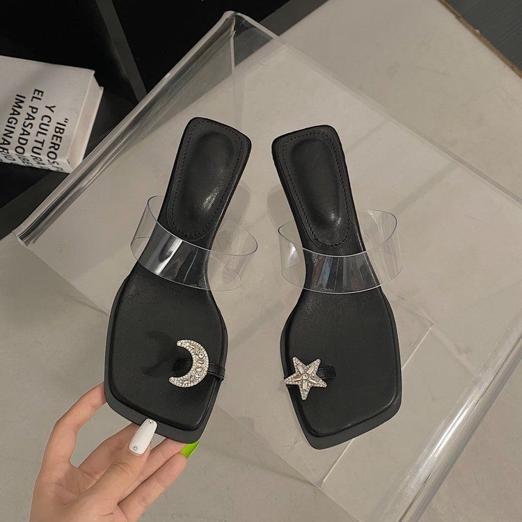 x2023小众设计星星水钻一字带透明低跟夹趾凉鞋拖鞋女夏外穿ins潮