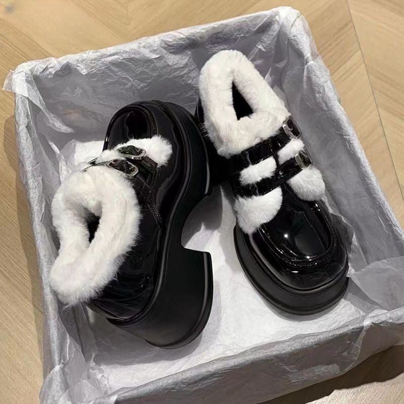 x加绒厚底小皮鞋女2023新款秋冬季保暖学院风松糕单鞋英伦乐福棉