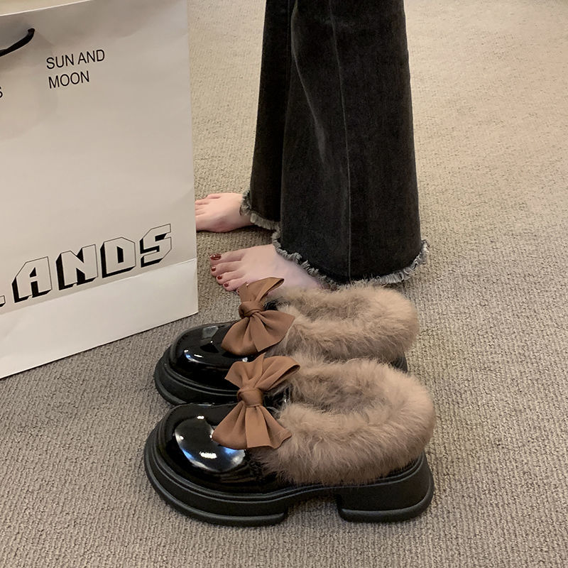 蝴蝶结黑色小皮鞋女秋冬季加绒玛丽珍鞋厚底毛毛鞋粗跟乐福鞋单鞋