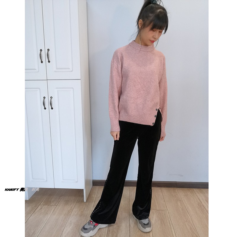 女INS开叉纽扣箱型宽松半高领粉色针织上衣毛衫短款小个