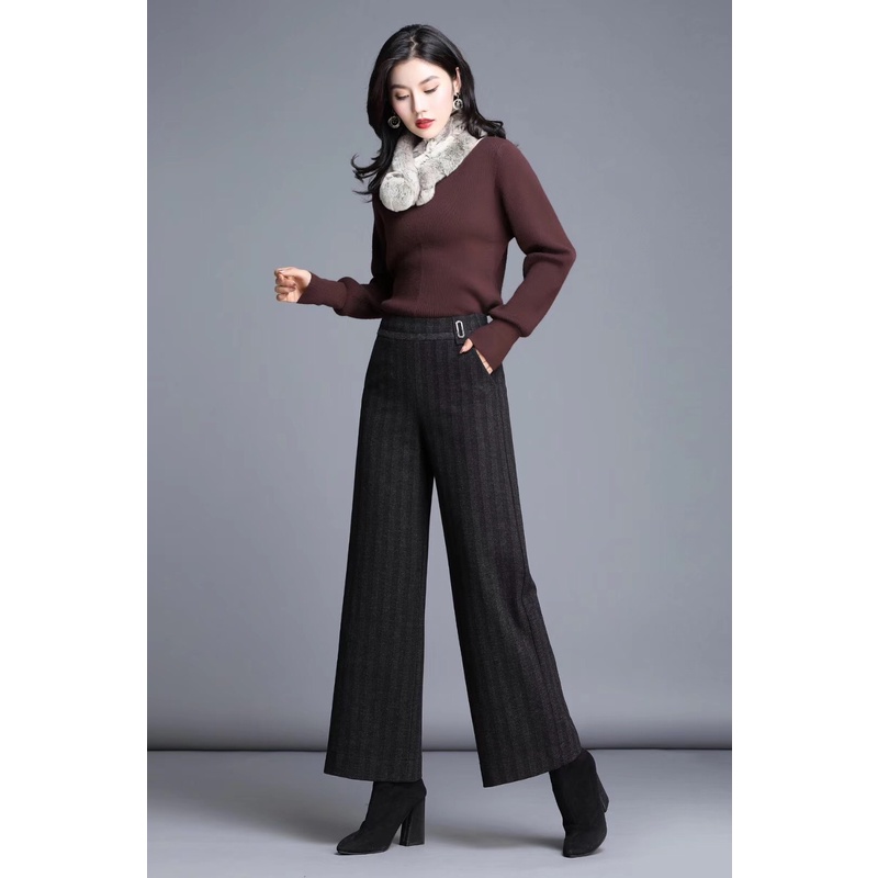 欧式秋冬九分裤女阔腿直筒毛尼条纹加厚宽松胖m显瘦