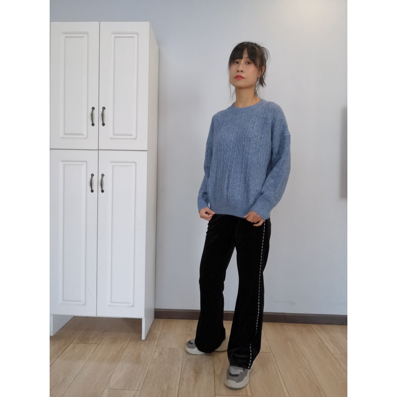 奕涵淏女厚针织毛衫马卡龙宽松双色麻花法式慵懒小个毛衫上衣