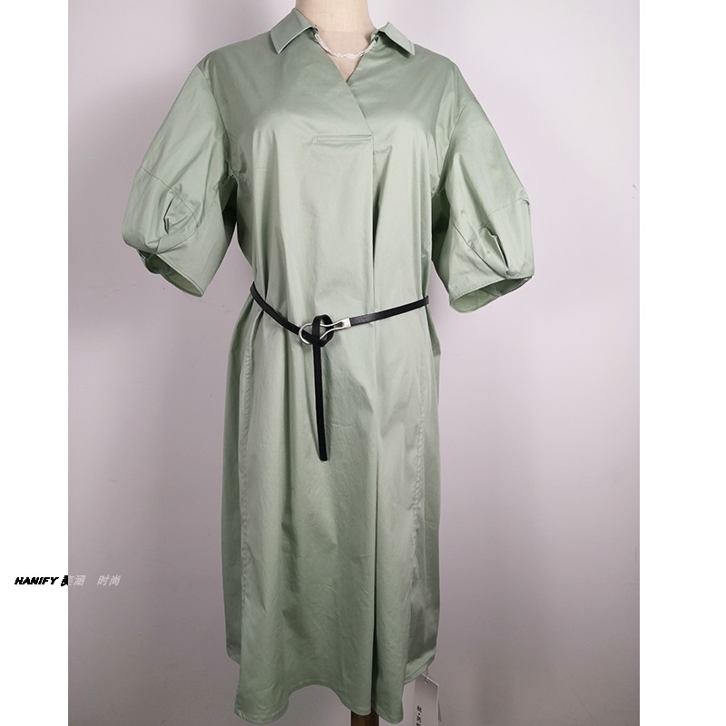 奕涵淏单层夏女2399薄棉衬衣领链条领直身连衣裙浅绿修身通勤