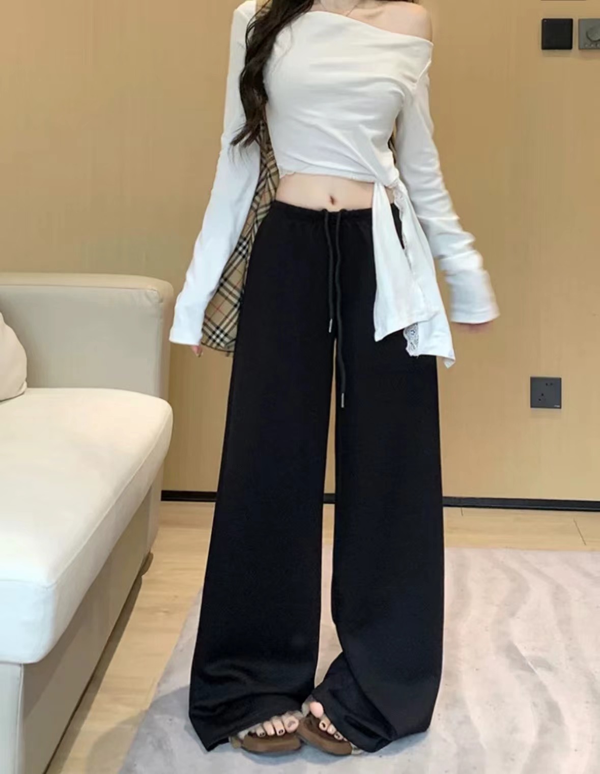 2024冬季新款大码女装显瘦休闲宽松舒适直筒抽绳高腰长裤百搭时尚