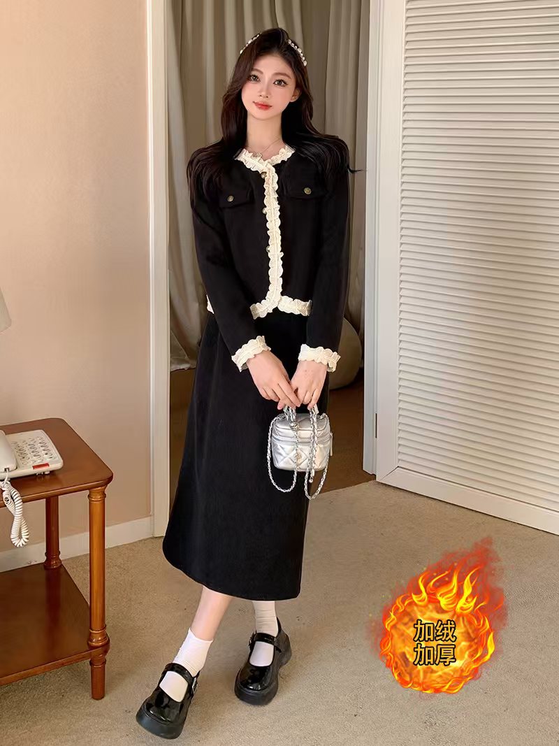 冬季新款大码女装时尚小香风法式套装加绒加厚气质百搭设计感女