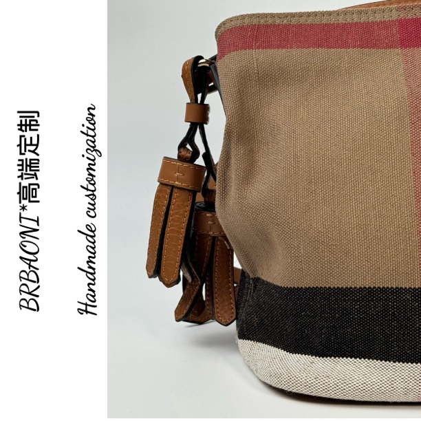 B39 经典休闲黄麻配牛皮水桶包小