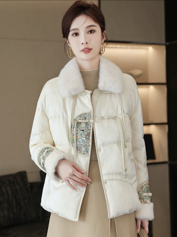 新中式国风羽绒服女冬季新款高端民族风皮草短款时尚鸭绒外套气质