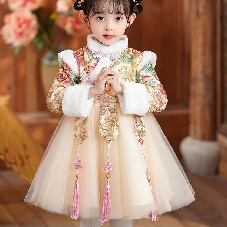 女童汉服连衣裙冬款服儿童新年装唐装中国风过年喜庆宝宝周岁礼服