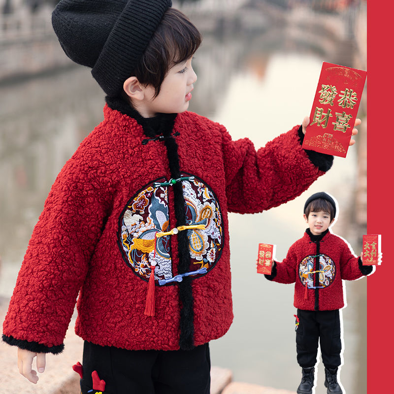 男童拜年服小童唐装中国风过年棉服儿童男孩宝宝加绒加棉毛毛衣