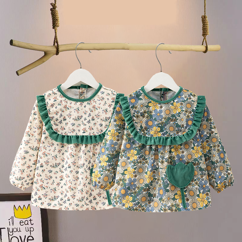 儿童罩衣秋冬季外穿防水防脏反穿衣女宝宝吃饭围兜加厚饭兜防护衣