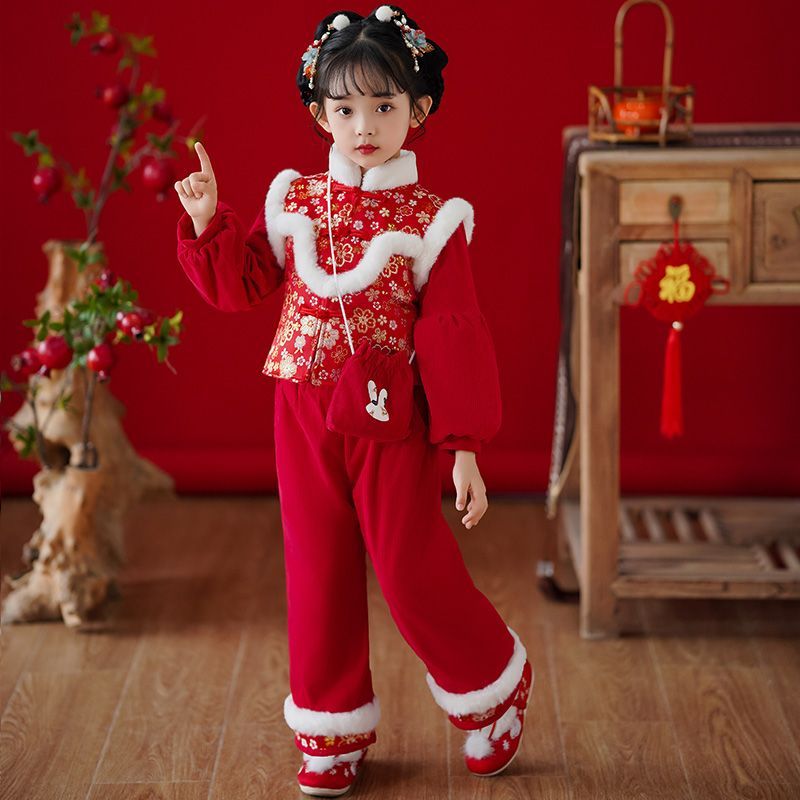 女童汉服冬季儿童新年唐装加绒加厚中国风宝宝喜庆过年拜年服套装