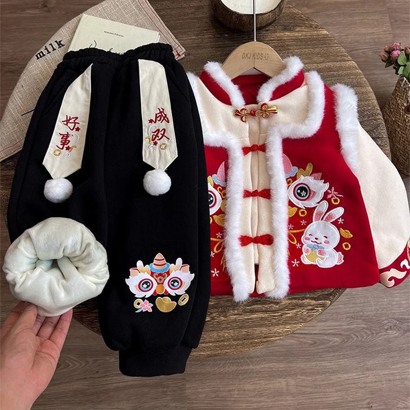 拜年服男童加绒加厚唐装儿童喜庆新年装国风宝宝冬季周岁礼服女童