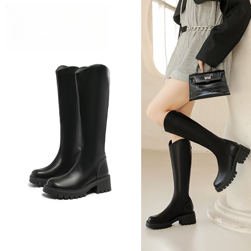 时尚V口小轻靴秋冬新款休闲潮流圆头粗跟厚底女款长筒靴1655