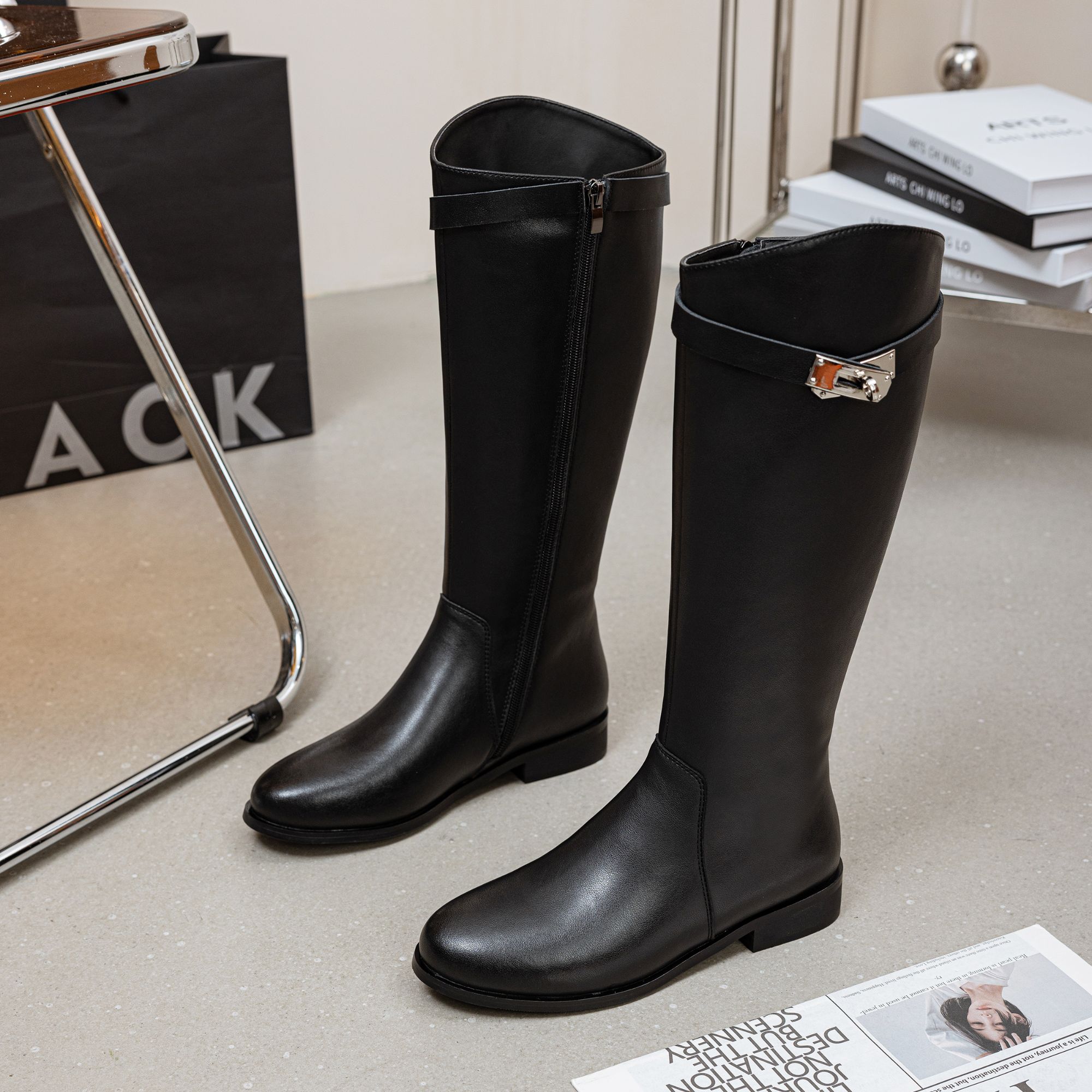 GUZHEN古贞时尚显高百搭骑士长筒冬季加绒真皮方跟高靴MY-6777-1