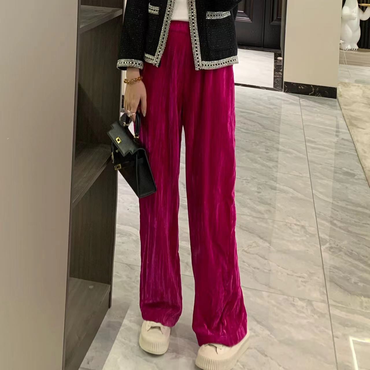 温温清版【绯红梦】百搭丝绒阔腿裤女休闲简约显瘦休闲裤A-012605