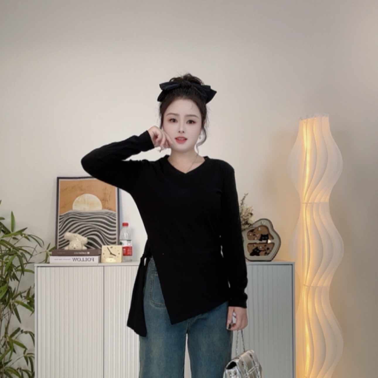 大码微胖mm不规则长袖t恤早秋新款遮肚显瘦别致打底衫上衣9393