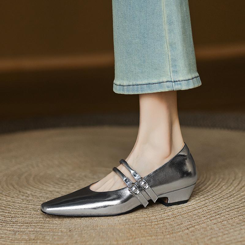 3cm真皮浅口单鞋女2025春新款英伦风方头粗跟小皮鞋软底玛丽珍鞋