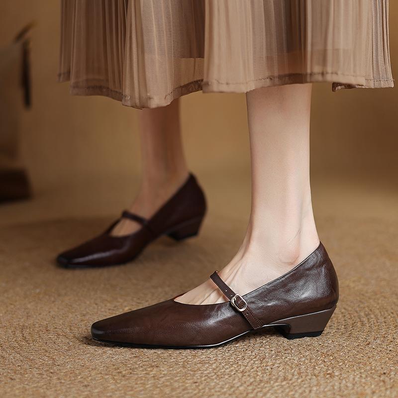 3cm中跟复古真皮方头玛丽珍鞋女2025新款春秋浅口粗跟单鞋小皮鞋